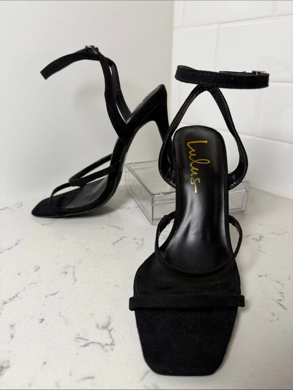 Lulu's Black Suede Strappy Ankle‑Tie High Heels